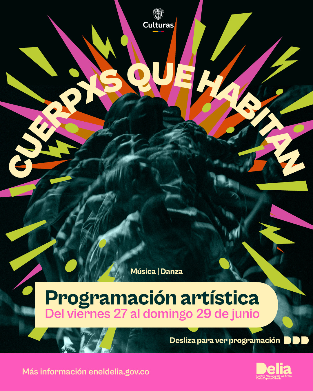 Del viernes 27 al domingo 29 de junio de 2025, el Centro Nacional de las Artes se convierte en un epicentro de memoria y expresión con la programación Cuerpxs que habitan, una apuesta artística y pedagógica que conmemora el Día Internacional del Orgullo. Durante tres días, a través de danza, música, cine y espacios de formación se honran las múltiples formas de ser, habitar y resistir desde los cuerpos diversos y sus narrativas.